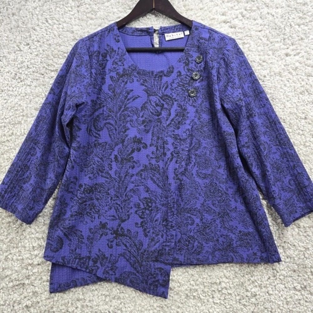 Habitat Blouse Women Small Purple Damask Floral Asymmetrical Hem Button Boho